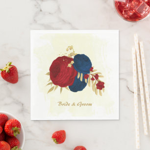 Romantische donkerrode en marineblauwe bloemen gou servet