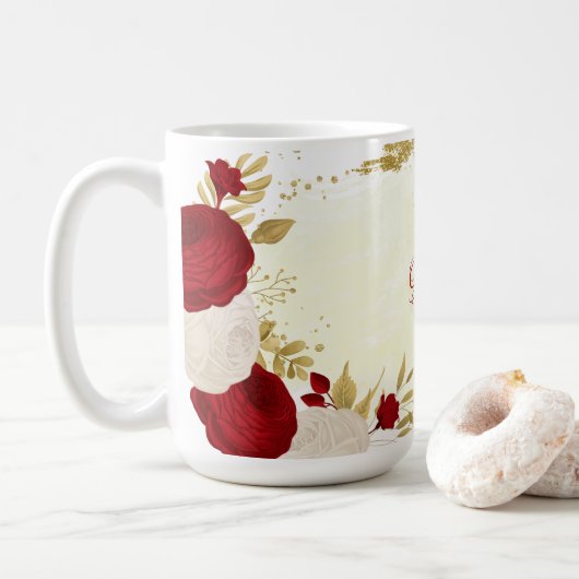 Romantische donkerrode en witte bloemen bruiloft koffiemok (Met donut)
