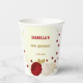 Romantische donkerrode en witte bloemen goud papieren bekers