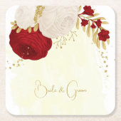 Romantische donkerrode en witte bloemen gouden bru kartonnen onderzetters (Voorkant)