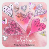 Romantische Doodle Waterverf Harten Valentijnsdag Vierkante Sticker (Voorkant)