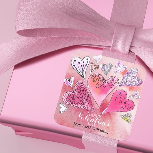 Romantische Doodle Waterverf Harten Valentijnsdag Vierkante Sticker