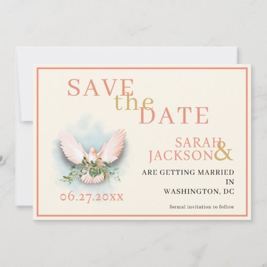 Romantische Doves Koraal Bruiloft Save the Date Kaart (Voorkant)
