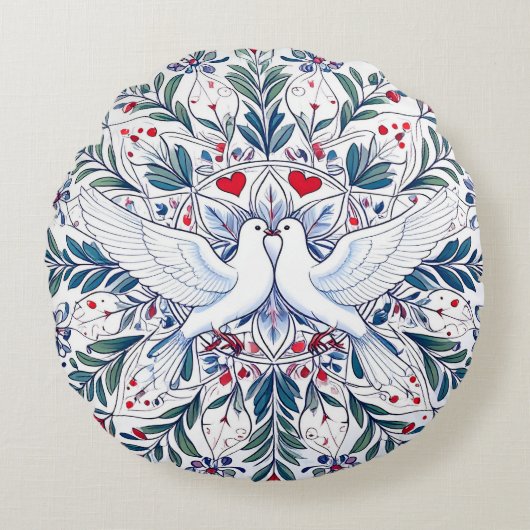 Romantische Duiven & Bloemhart Mandala Rond Kussen (Voorkant)