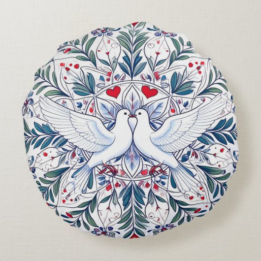 Romantische Duiven & Bloemhart Mandala Rond Kussen (Achterkant)