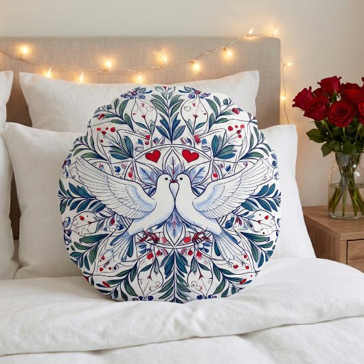 Romantische Duiven & Bloemhartmandala Rond Kussen