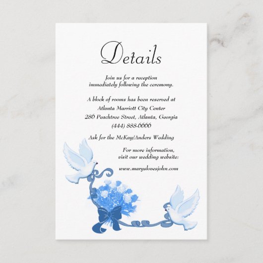 Romantische duiven en blauwe bloemen bruiloft deta informatiekaartje (Voorkant)