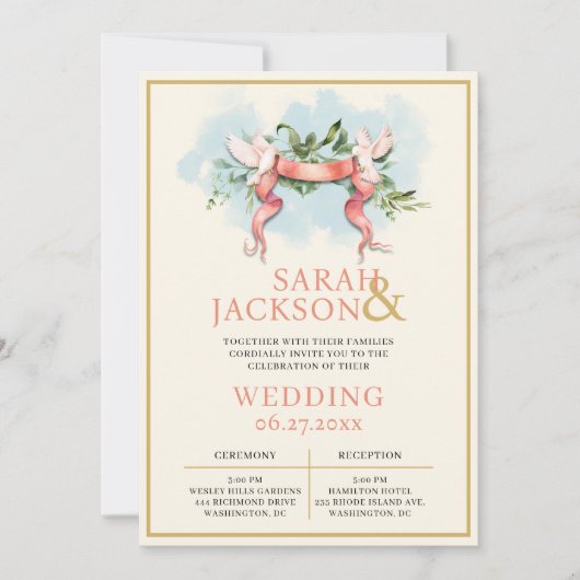 Romantische duiven koraal bruiloft uitnodiging (Voorkant)