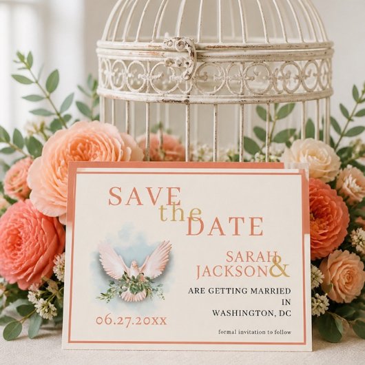 Romantische Duiven Koraal Huwelijk Save the Date Kaart