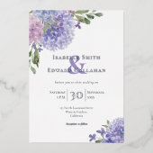 Romantische Dusty Blue & Lila Waterverf Hortensia' Folie Uitnodiging (Voorkant)