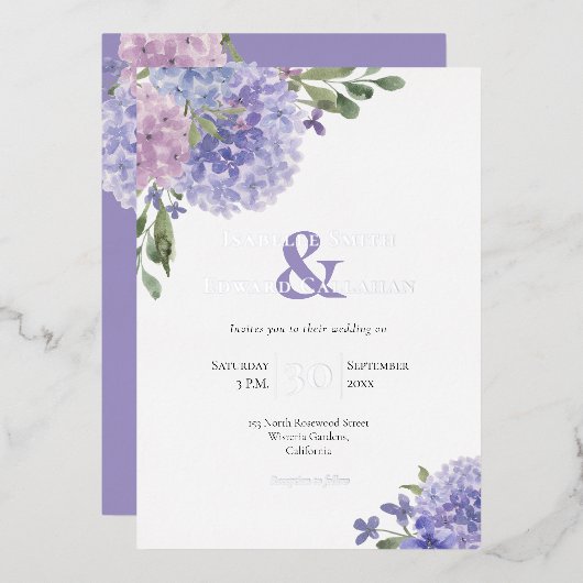 Romantische Dusty Blue & Lila Waterverf Hortensia' Folie Uitnodiging (Voorkant / Achterkant)