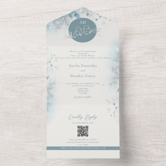 Romantische Dusty Blue Winter Wedding All In One Uitnodiging (Binnen)