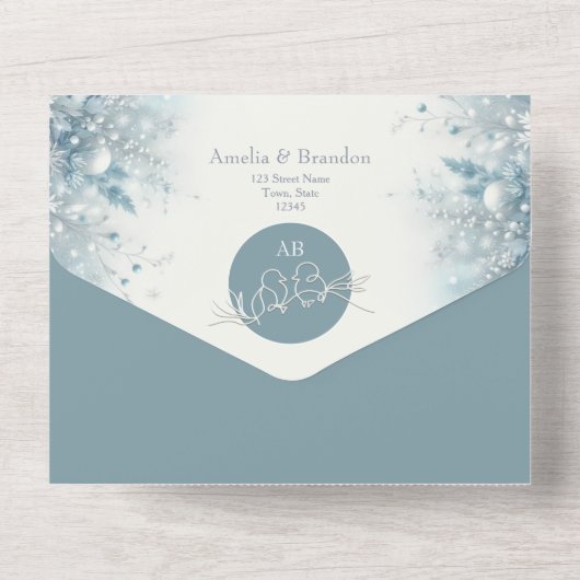 Romantische Dusty Blue Winter Wedding All In One Uitnodiging (Achterkant)