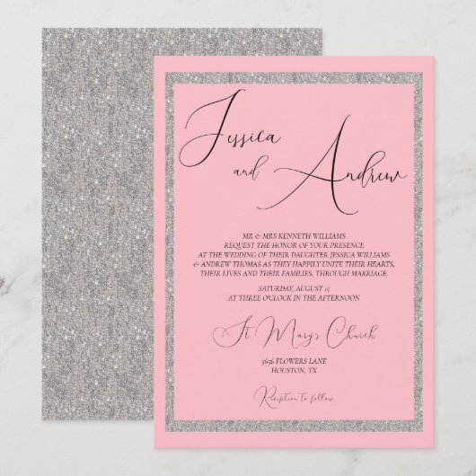 Romantische Dusty Pink & Silver Glitter Wedding Kaart (Voorkant / Achterkant)
