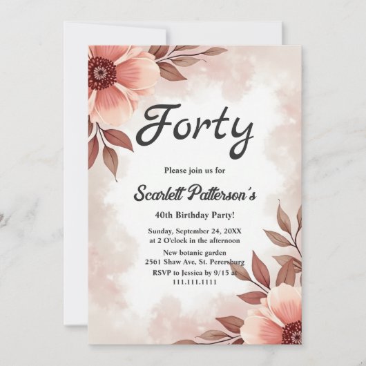 Romantische Dusty Waterverf Floral 40e Verjaardag Kaart (Voorkant)