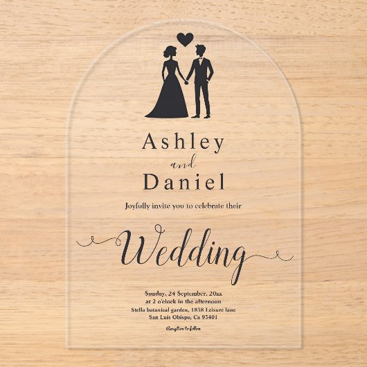 Romantische eenvoudige zwart-wit elegante bruiloft acryl uitnodigingen (Voorkant)