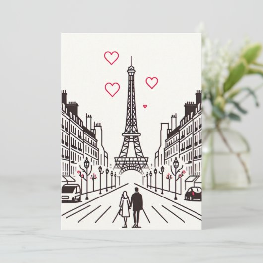 Romantische Eiffeltoren ontmoeting - Liefdesbloese Feestdagenkaart (Staand voorkant)