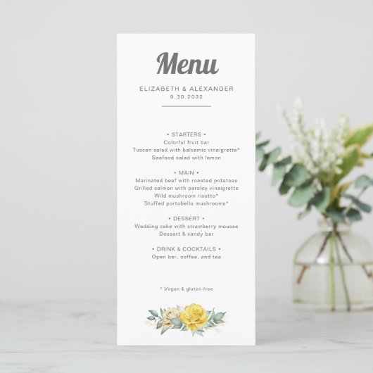 Romantische elegant gele rozen waterverf bruiloft menu (Staand voorkant)