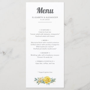 Romantische elegant gele rozen waterverf bruiloft menu