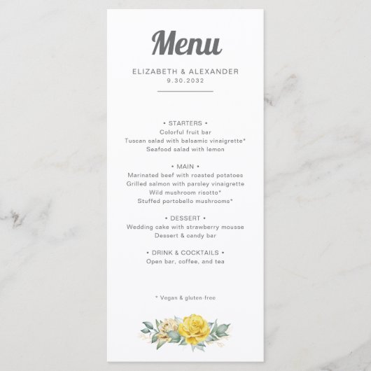 Romantische elegant gele rozen waterverf bruiloft menu (Voorkant)