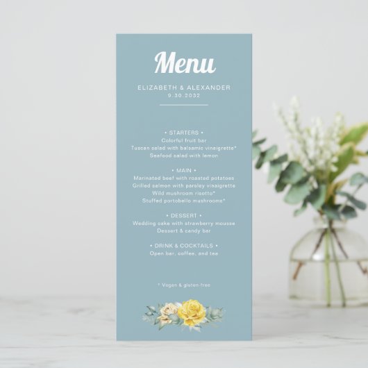 Romantische elegant gele rozen waterverf bruiloft menu (Staand voorkant)