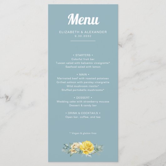 Romantische elegant gele rozen waterverf bruiloft menu (Voorkant)