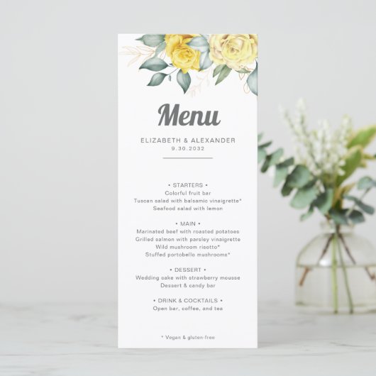 Romantische elegant gele rozen waterverf bruiloft menu (Staand voorkant)