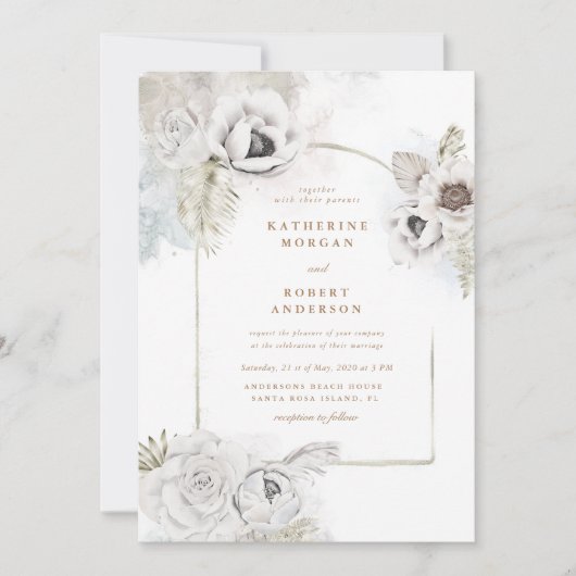 romantische elegant zilveren florale trouwuitnodig kaart (Voorkant)