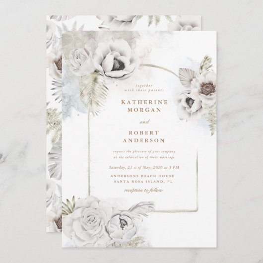 romantische elegant zilveren florale trouwuitnodig kaart (Voorkant / Achterkant)