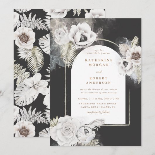 romantische elegant zilveren florale trouwuitnodig kaart (Voorkant / Achterkant)