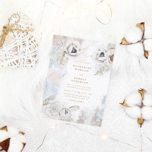romantische elegant zilveren florale trouwuitnodig kaart