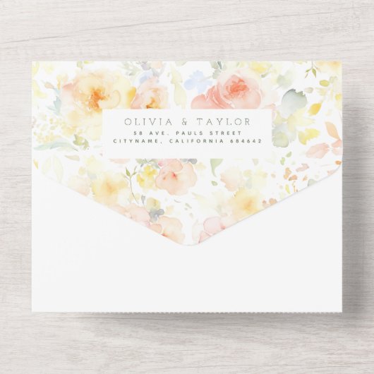 Romantische elegante bloemenbruiloft all in one uitnodiging (Achterkant)