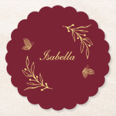 Romantische elegante gouden bloem bordeaux bruilof kartonnen onderzetters (Voorkant)