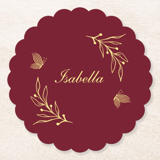 Romantische elegante gouden bloem bordeaux bruilof kartonnen onderzetters (Voorkant)