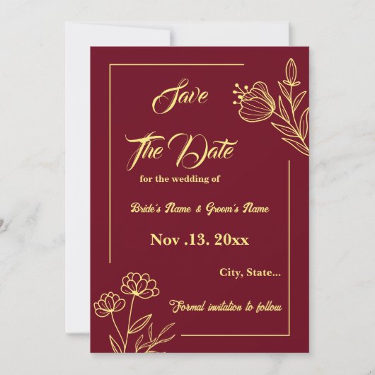 Romantische elegante gouden bloem bordeaux bruilof save the date (Voorkant)