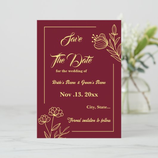Romantische elegante gouden bloem bordeaux bruilof save the date (Staand voorkant)