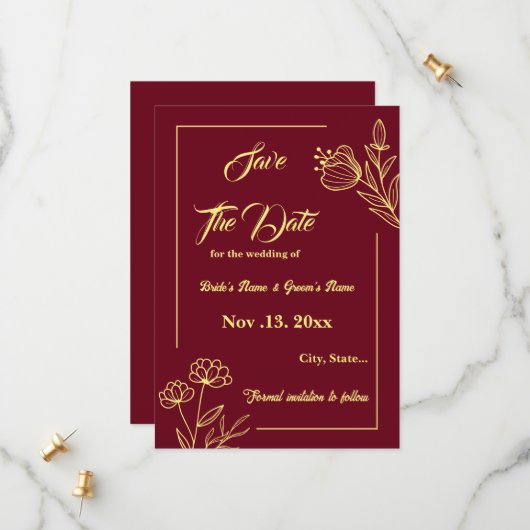 Romantische elegante gouden bloem bordeaux bruilof save the date (Voorkant / Achterkant in situ)