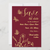 Romantische elegante gouden bloem bordeaux bruilof save the date (Voorkant)