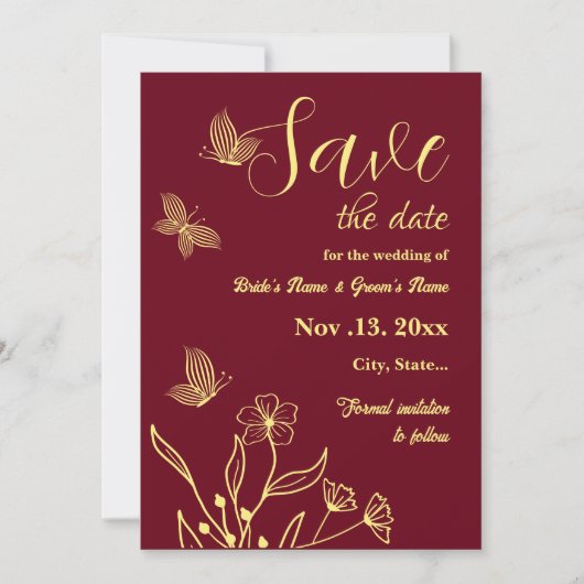 Romantische elegante gouden bloem bordeaux bruilof save the date (Voorkant)