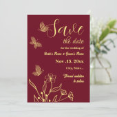Romantische elegante gouden bloem bordeaux bruilof save the date (Staand voorkant)