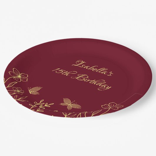 Romantische elegante gouden bloem bordeaux papieren bordje (Gekanteld)