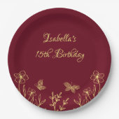 Romantische elegante gouden bloem bordeaux papieren bordje (Voorkant)