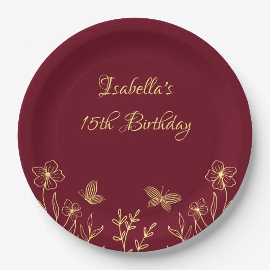 Romantische elegante gouden bloem bordeaux papieren bordje