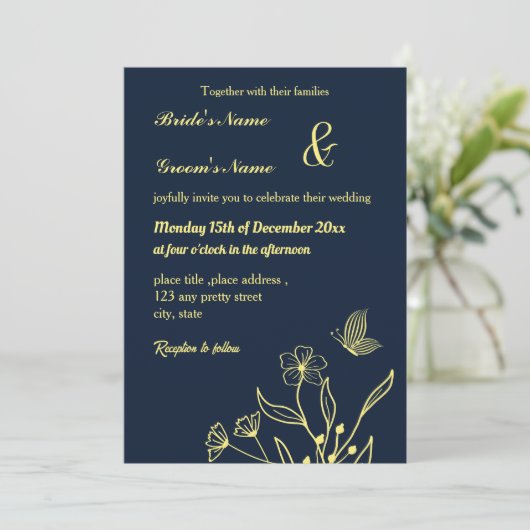 Romantische elegante gouden bloem en een vlindervl kaart (Staand voorkant)