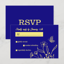 Romantische elegante gouden bloem koninklijke blau RSVP kaartje