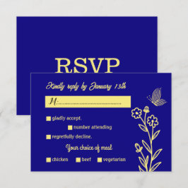 Romantische elegante gouden bloem koninklijke blau RSVP kaartje