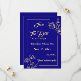 Romantische elegante gouden bloem koninklijke blau save the date