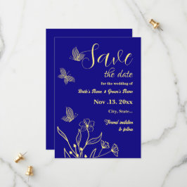 Romantische elegante gouden bloem koninklijke blau save the date