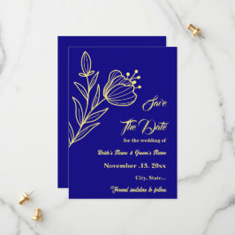 Romantische elegante gouden bloem koninklijke blau save the date