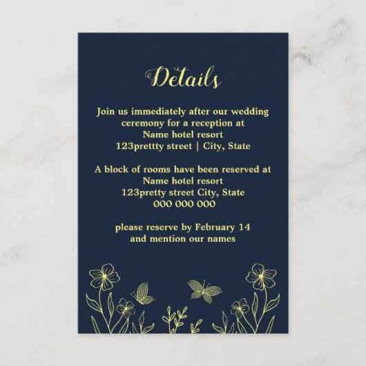 Romantische elegante gouden bloem marine bruiloft informatiekaartje (Voorkant)